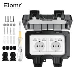 EIOMR 16A 220V IP66 Waterproof Double Socket,Black Outdoor Power Outlet with Switch,With Type C Charging Port EU Standard Socket