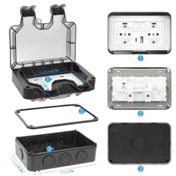 EIOMR 16A 220V IP66 Waterproof Double Socket,Black Outdoor Power Outlet with Switch,With Type C Charging Port EU Standard Socket