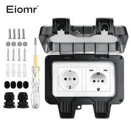 EIOMR 16A 220V IP66 Waterproof Double Socket,Black Outdoor Power Outlet with Switch,With Type C Charging Port EU Standard Socket