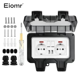 EIOMR 16A 220V IP66 Waterproof Double Socket,Black Outdoor Power Outlet with Switch,With Type C Charging Port EU Standard Socket