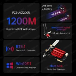 AC1200 PCIe WiFi Card Bluetooth 5.1 Desktop Network Adapter 1200Mbps Dual Band 5GHz 867Mbps Wireless Card for Windows 10 11