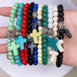 Vintage Cross Natural Stone 6mm Beads Bracelet Charm Men Blue Bead Pendant Strand Bracelets Bangles Women Fashion Jewelry Gifts
