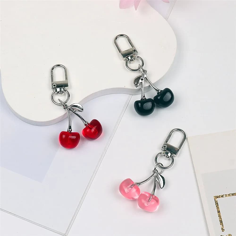 Creative Cherry Keychain for Women Resin Fruit Bag Pendant Pearl Bow Silver Heart Key Ring Backpack Car Ornament Girls Gift