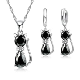 Hot Fashion Silver CZ Jewelry Sets 925 Silver  Cute Cat Shaped Necklace Hoop Earring Set For Women/girls Gifts
