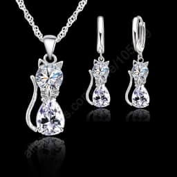 Hot Fashion Silver CZ Jewelry Sets 925 Silver  Cute Cat Shaped Necklace Hoop Earring Set For Women/girls Gifts