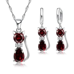 Hot Fashion Silver CZ Jewelry Sets 925 Silver  Cute Cat Shaped Necklace Hoop Earring Set For Women/girls Gifts