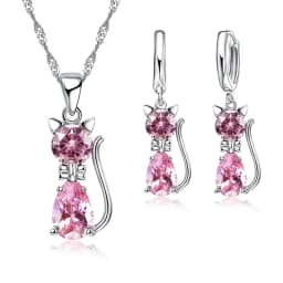 Hot Fashion Silver CZ Jewelry Sets 925 Silver  Cute Cat Shaped Necklace Hoop Earring Set For Women/girls Gifts