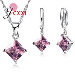 8 Colors 925 Sterling Silver Women Wedding Beautiful Pendant Necklace Earrings Set Clearly Square Crystal Jewelry Sets