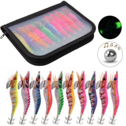10Pcs 12g-20g Squid bait Wooden Shrimp jig hook With Rattle Octopus Lures Cuttlefish luminous jigging Squid Fishing lure