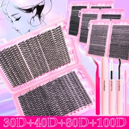 720/200pcs Eyelash Extension Kit Fluffy Eyelash Extension Kit with Lash Bond and Seal Lash Tweezers Thick Lash Clusters Wispy