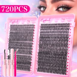 720/200pcs Eyelash Extension Kit Fluffy Eyelash Extension Kit with Lash Bond and Seal Lash Tweezers Thick Lash Clusters Wispy