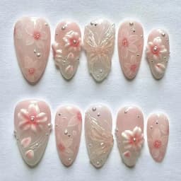 24pcs Pink Flower Almond Press on Nails Kawaii False Nails Wearable Stick-on Nails Fake Nail Uñas Postizas Накладные Ногти 네일팁
