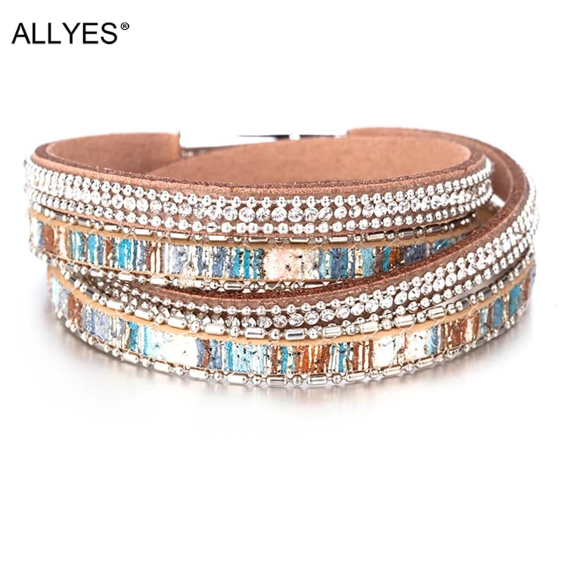 ALLYES Women Leather Bracelet Czech Crystal Vintage Boho Multiple Layered Bohemian Double Wrap Bracelet Men Femme Jewelry Gifts