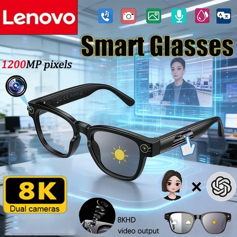 Lenovo 8K AI Smart Glasses 1200mp HD Camera Chat Gpt Touch Sport Smart Sunglasses Music Player Voice Assistant Bluetooth Calling