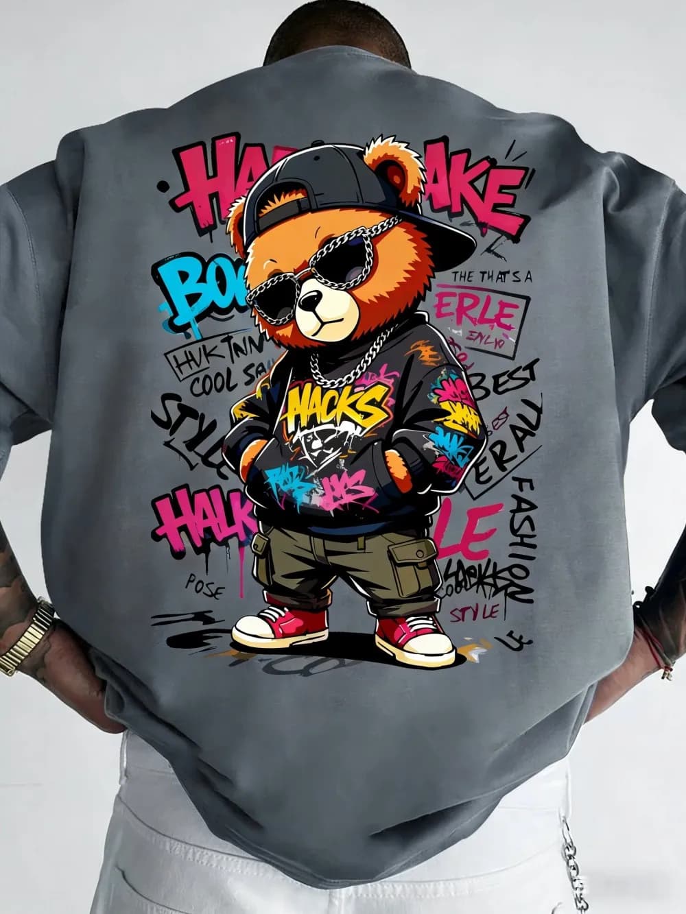 European and American Men's Summer Teddy Bear Graffiti Print Comfortable and Breathable Round Neck T-Shirt Outdoor Street Top