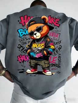 European and American Men's Summer Teddy Bear Graffiti Print Comfortable and Breathable Round Neck T-Shirt Outdoor Street Top