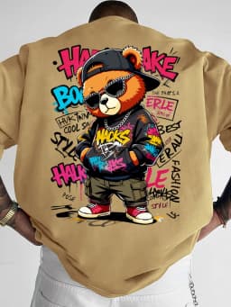 European and American Men's Summer Teddy Bear Graffiti Print Comfortable and Breathable Round Neck T-Shirt Outdoor Street Top
