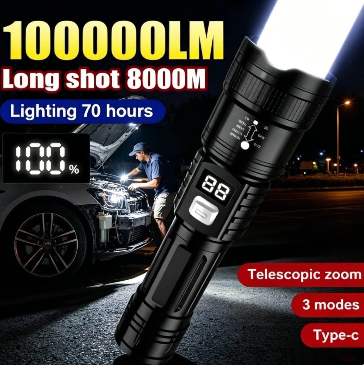 Rechargeable LED Flashlight 100000LM Super Bright Long Range Tactical Torch Waterproof for Outdoor Camping Fishing Lantern