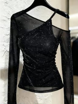 Fake Two-Piece Bling Sequin Tops Layered Tees Women Long Sleeve Off Shoulder T-Shirt Ladies Sexy Mesh Top Basic
