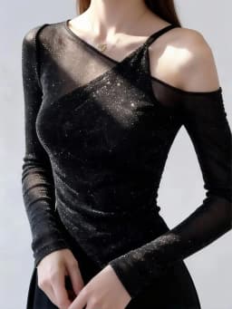 Fake Two-Piece Bling Sequin Tops Layered Tees Women Long Sleeve Off Shoulder T-Shirt Ladies Sexy Mesh Top Basic