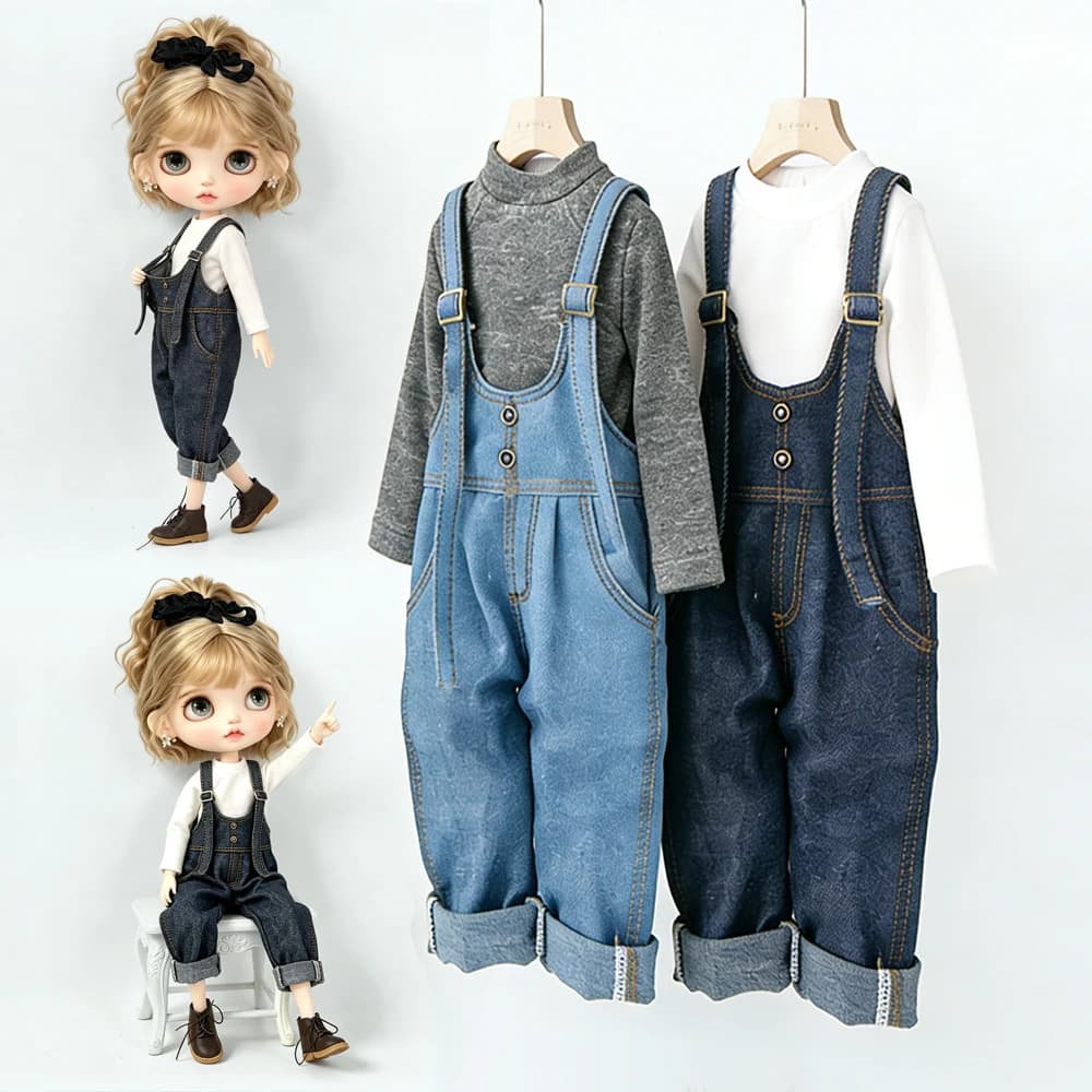 Blyth Doll Clothes Vintage Denim Overalls Long Sleeve Base Layer Top Jeans Pants Set for Ob22 YMY Licca Azone Doll Accessories