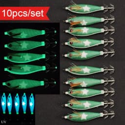 10pcs Horizontal Squid Jig Egi Set 8cm Luminous Glow in The Dark Wood Shrimp Lure UV Reactive Saltwater Cuttlefish Octopus Bait