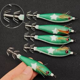 10pcs Horizontal Squid Jig Egi Set 8cm Luminous Glow in The Dark Wood Shrimp Lure UV Reactive Saltwater Cuttlefish Octopus Bait