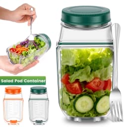 Salad Jars Plastic Salad Storage Can Container with Side-opening Cover & Stainless Steel Fork Vertical Vegetable Fruit Container