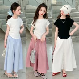 Girls New Suit Children Top Set Summer Short Sleeved T-shirt Pants 2PCS Kid Solid Color Outfits Teen Casual Loose Clothes