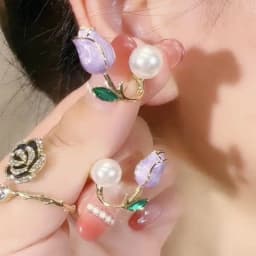 French Light Luxury Pink Tulip Flower Pearl Stud Earrings For Women Korean Zircon Exquisite Earring Party Christmas Jewelry Gift