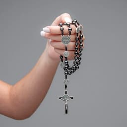 Catholic Rosary Car Ornament Black Hematite Bead Saint Benedict Medal Jesus Cross Auto Decor Automotive Decal