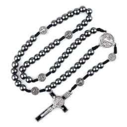 Catholic Rosary Car Ornament Black Hematite Bead Saint Benedict Medal Jesus Cross Auto Decor Automotive Decal