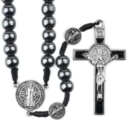Catholic Rosary Car Ornament Black Hematite Bead Saint Benedict Medal Jesus Cross Auto Decor Automotive Decal