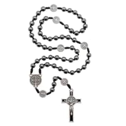 Catholic Rosary Car Ornament Black Hematite Bead Saint Benedict Medal Jesus Cross Auto Decor Automotive Decal