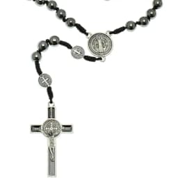 Catholic Rosary Car Ornament Black Hematite Bead Saint Benedict Medal Jesus Cross Auto Decor Automotive Decal