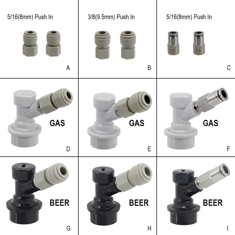 Ball Lock Gas & Beer Keg Disconnect with 8/9.5mm Push In Fitting Homebrew Draft Beer Corny Style Ball Lock Keg Dispenser