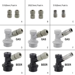 Ball Lock Gas & Beer Keg Disconnect with 8/9.5mm Push In Fitting Homebrew Draft Beer Corny Style Ball Lock Keg Dispenser