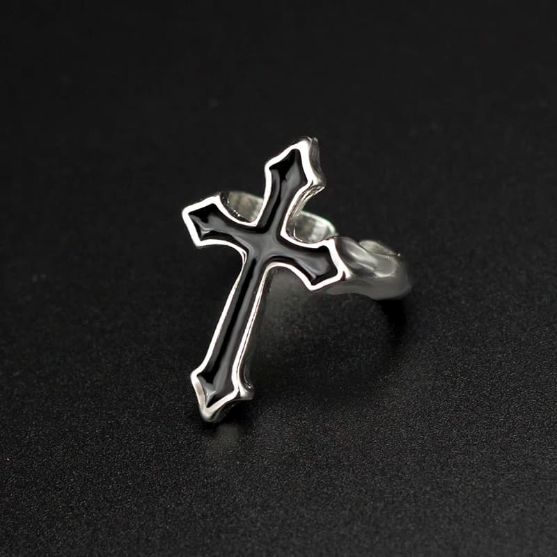 1PC Vintage Black Big Cross Open Ring For Women Party Jewelry Men Trendy Gothic Metal Color Finger Ring Anillo