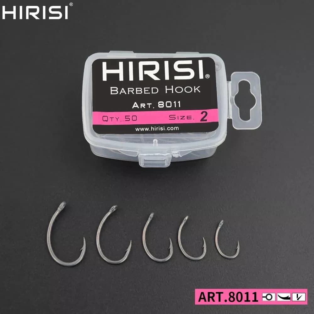 Hirisi 50-100pcs Coating High Carbon Stainless Steel Barbed Hooks Carp Fishing Hooks Pack with Retail Original Box 8011
