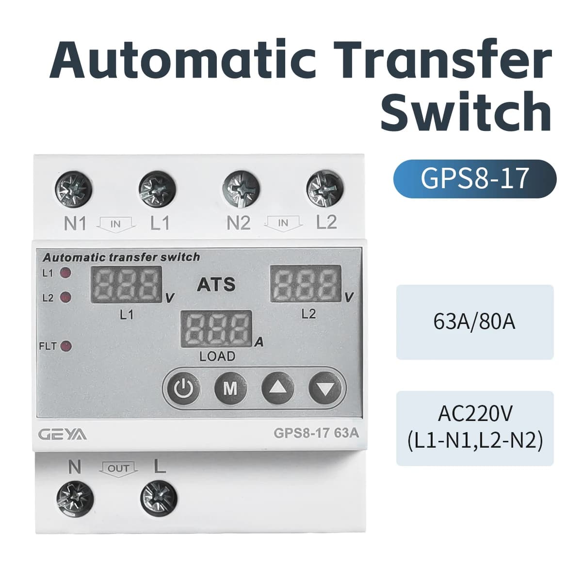 GEYA 63A 220V Automatic Transfer Switch ATS Adjustable Over Under Voltage Current Protector Dual Power Conversion Monitor Relay
