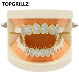TOPGRILLZ New Fit Silver Plated CZ Micro Pave Top & Bottom GRILL SET Rhodium Teeth Grills Vampire Tooth Grillz