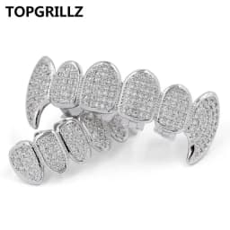 TOPGRILLZ New Fit Silver Plated CZ Micro Pave Top & Bottom GRILL SET Rhodium Teeth Grills Vampire Tooth Grillz