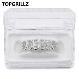 TOPGRILLZ New Fit Silver Plated CZ Micro Pave Top & Bottom GRILL SET Rhodium Teeth Grills Vampire Tooth Grillz