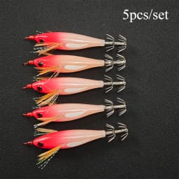 5pcs/set Horizontal Squid Jig Egi Set,Glow Squid Jig Kit,Wood Shrimp Lures,Artificial Bait for Squid, Octopus, Cuttlefish
