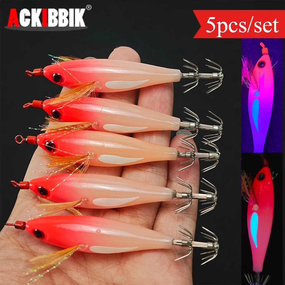 5pcs/set Horizontal Squid Jig Egi Set,Glow Squid Jig Kit,Wood Shrimp Lures,Artificial Bait for Squid, Octopus, Cuttlefish