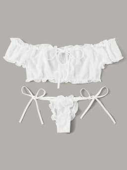2PCS Off Shoulder Lace Up Bikini Set Women Sweet Casual Short Sleeve Swimsuits Beachwear Bathing Suits Sexy Lingerie