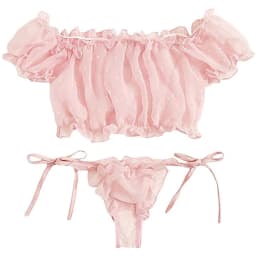 2PCS Off Shoulder Lace Up Bikini Set Women Sweet Casual Short Sleeve Swimsuits Beachwear Bathing Suits Sexy Lingerie