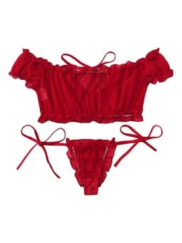 2PCS Off Shoulder Lace Up Bikini Set Women Sweet Casual Short Sleeve Swimsuits Beachwear Bathing Suits Sexy Lingerie