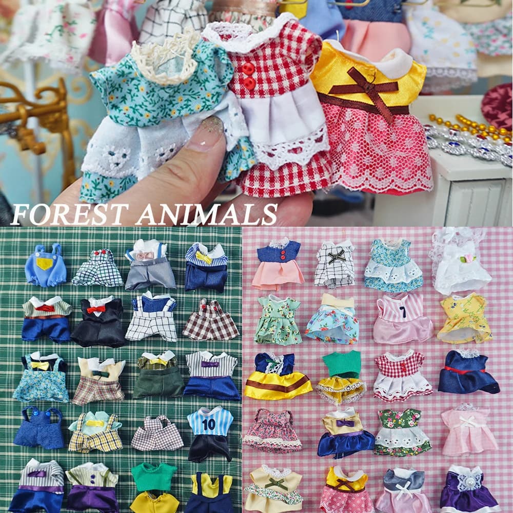 Dress Dollhouse Accessories 1:12 Forest Animal Family Clothes Fashion Daily Wear Casual Outfits Vest Shirt Skirt Pants for Doll