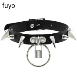 Punk Bells Black Spike Choker Necklace Lock Rivet Stud Rock Faux Leather Goth Collar Women Chocker Girls Chains Gothic Jewelry